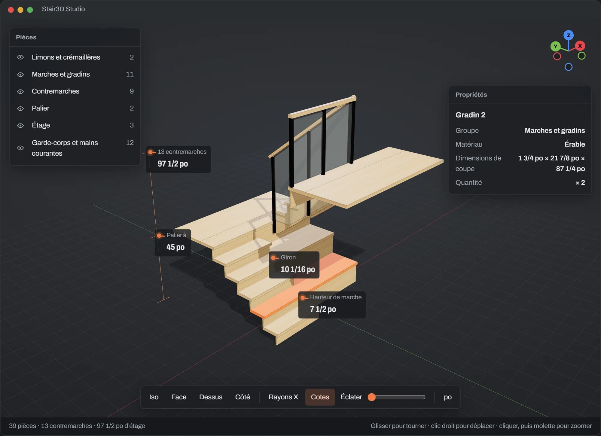Capture de Stair3D : un escalier en U en 3D, un gradin choisi avec ses dimensions de coupe
